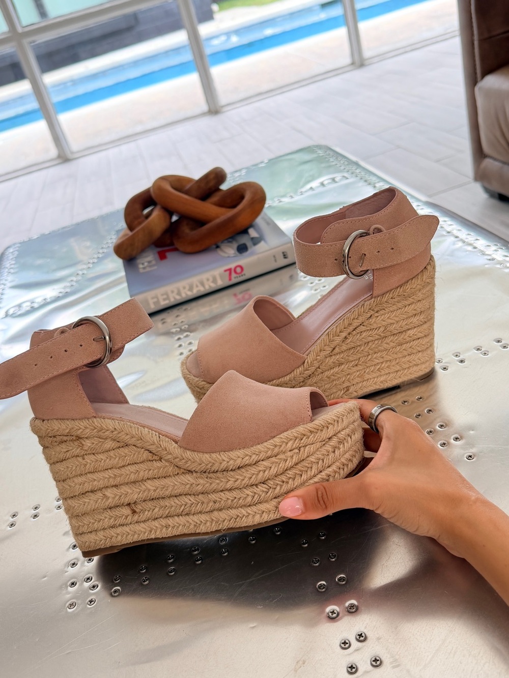 Marc Fisher Tan Espadrille Wedge Sandals with Ankle Buckle